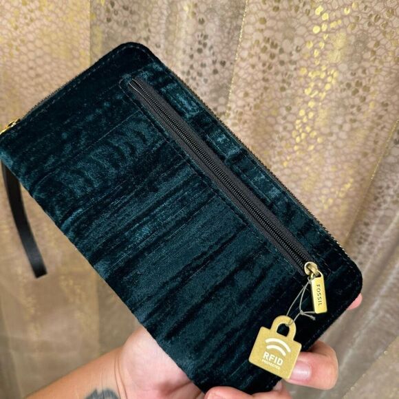 Fossil Sydney Satchel Velvet Patchwork Green Red Pink & Wallet NWT - Picture 9 of 12